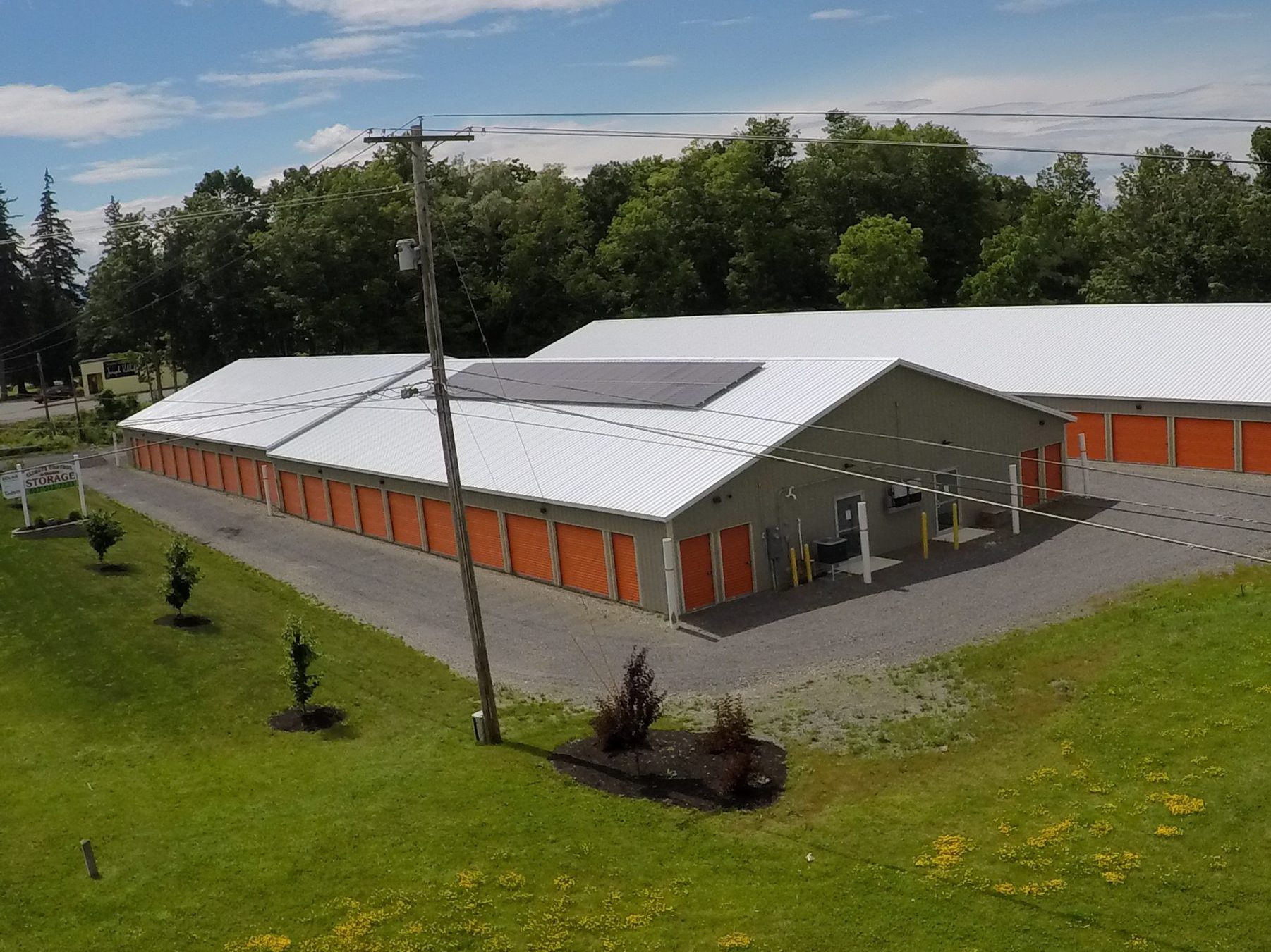 Storage building with solar panels on the roof